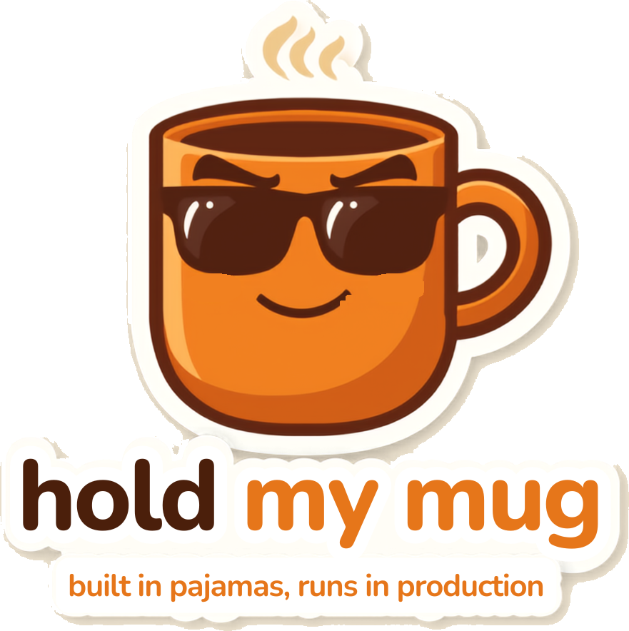 Hold My Mug Logo – Kaffeetasse mit Sonnenbrille, Slogan „built in pajamas, runs in production“